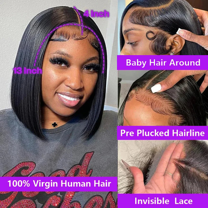 Peruca Bob Reta 100% Humana – Lace Frontal 13x4 Premium #1B