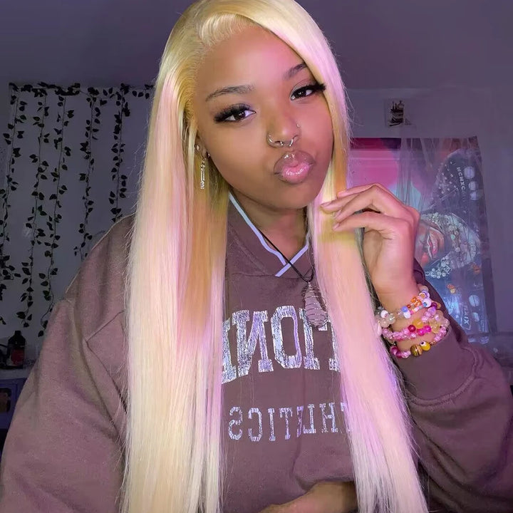 Peruca Frontal 13x6 HD Transparente Loira 613 – Cabelo Humano Brasileiro Liso, Pode Ser Tingido